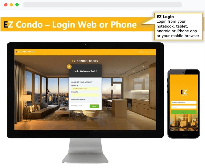 EZ Condo Tools dashboard overview in browser mockup