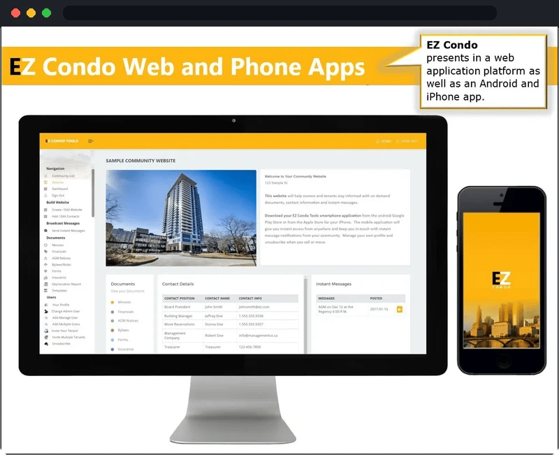 EZ Condo Tools messaging system in browser mockup