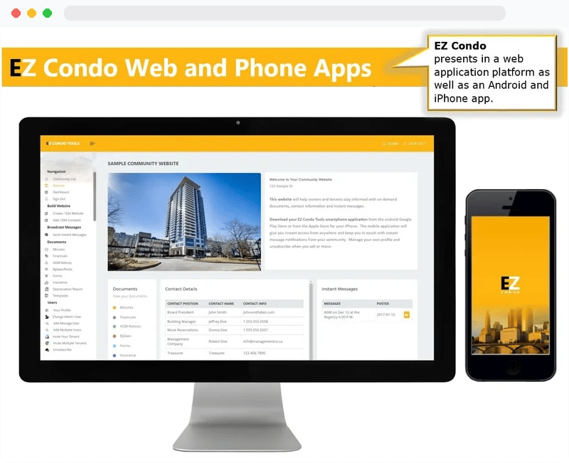 EZ Condo Tools messaging system in browser mockup