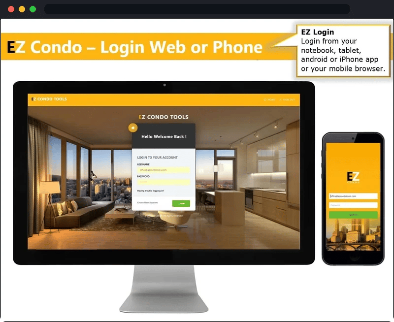 EZ Condo Tools dashboard overview in browser mockup